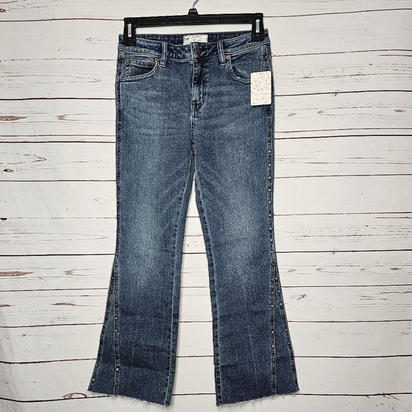 Free People Studded Flare Leg Cropped Raw Hem Jeans - Picture 1 of 14